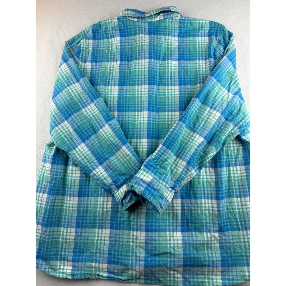 Talbots Plus Size 2X Plaid Button Down Shirt Blue Green Gold Sparkle Long Sleeve - Picture 7 of 7